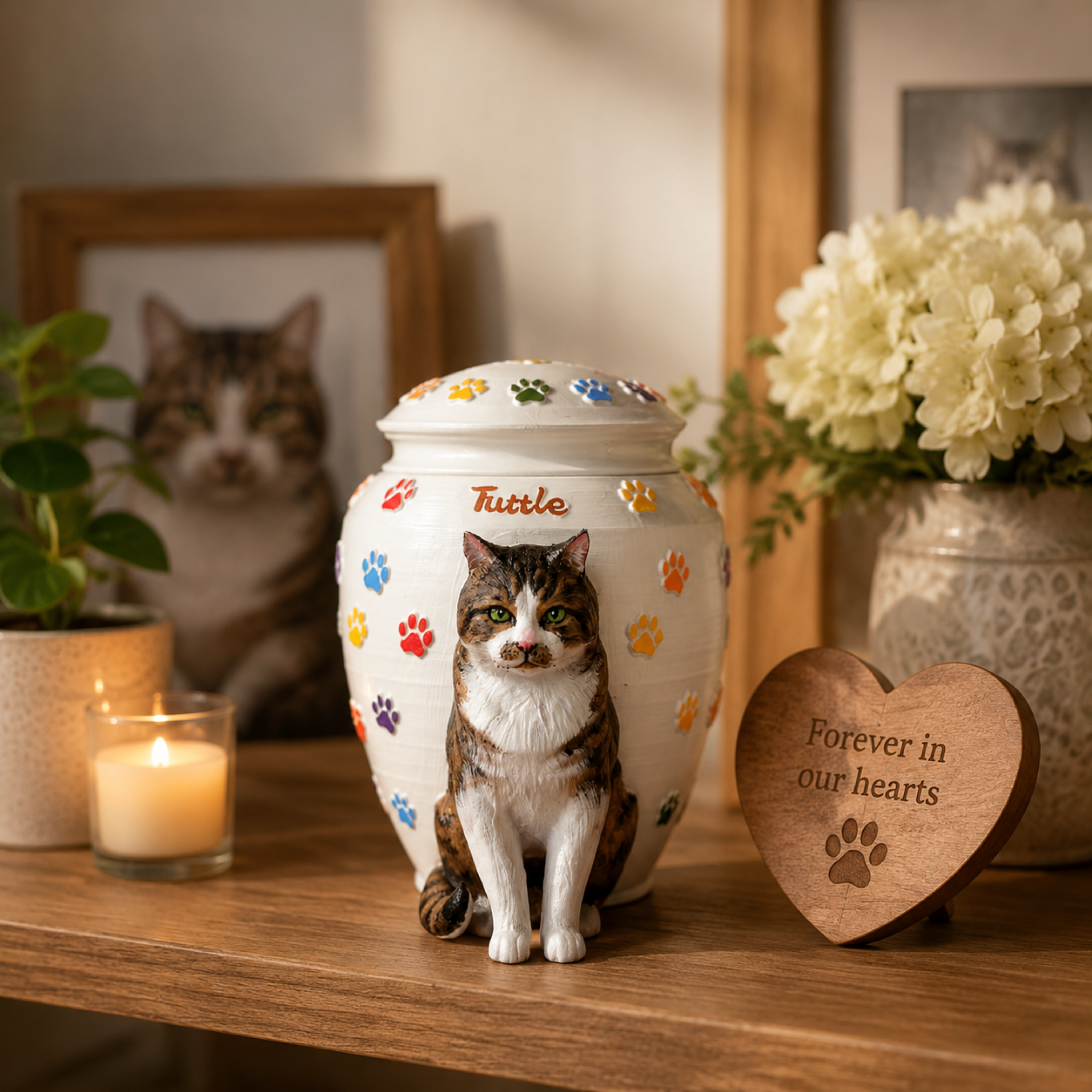 Custom Cat Urn With Cat Figurine and Colorful Paw Prints – Personalized Pet Memorial Urn for Cat Ashes