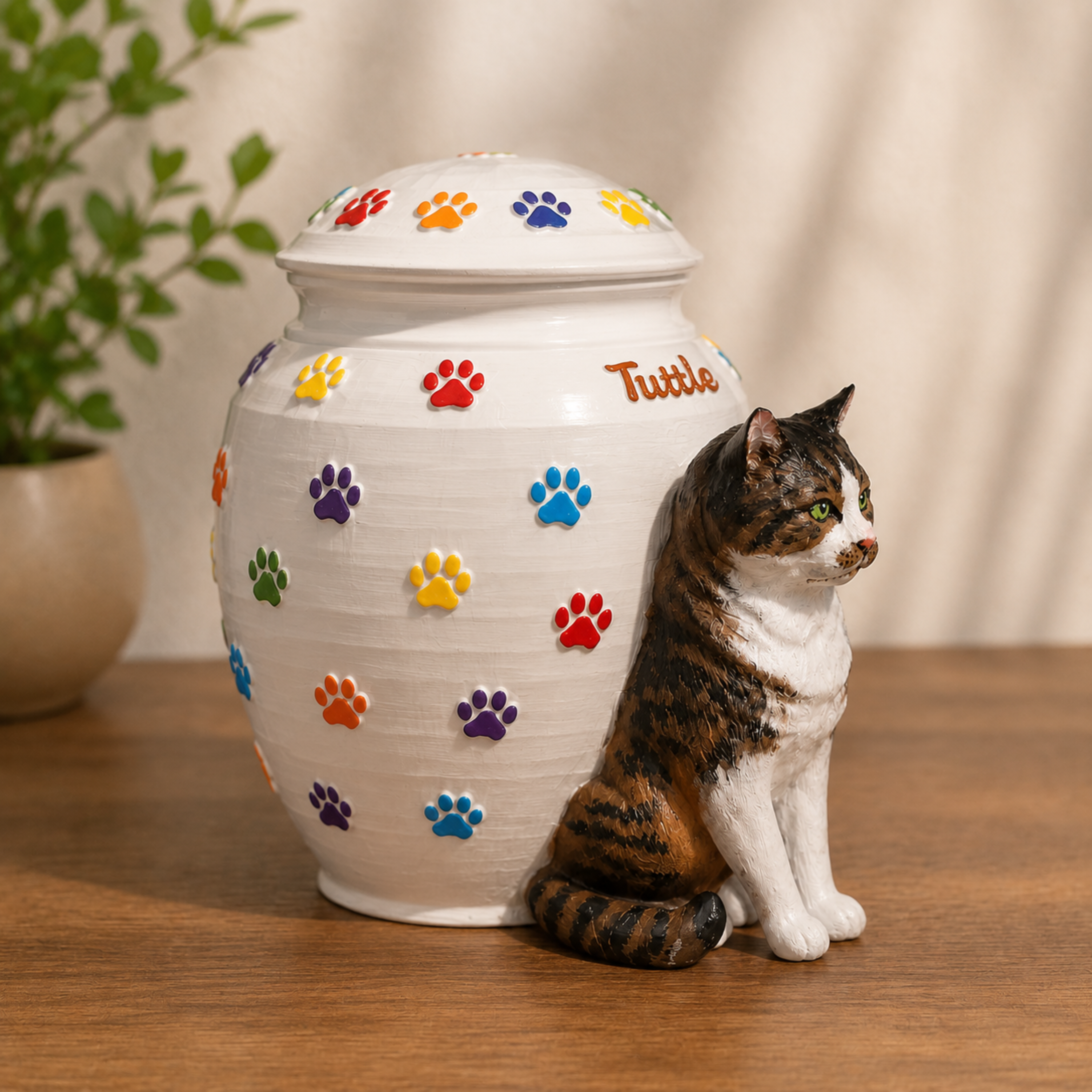 Custom Cat Urn With Cat Figurine and Colorful Paw Prints – Personalized Pet Memorial Urn for Cat Ashes