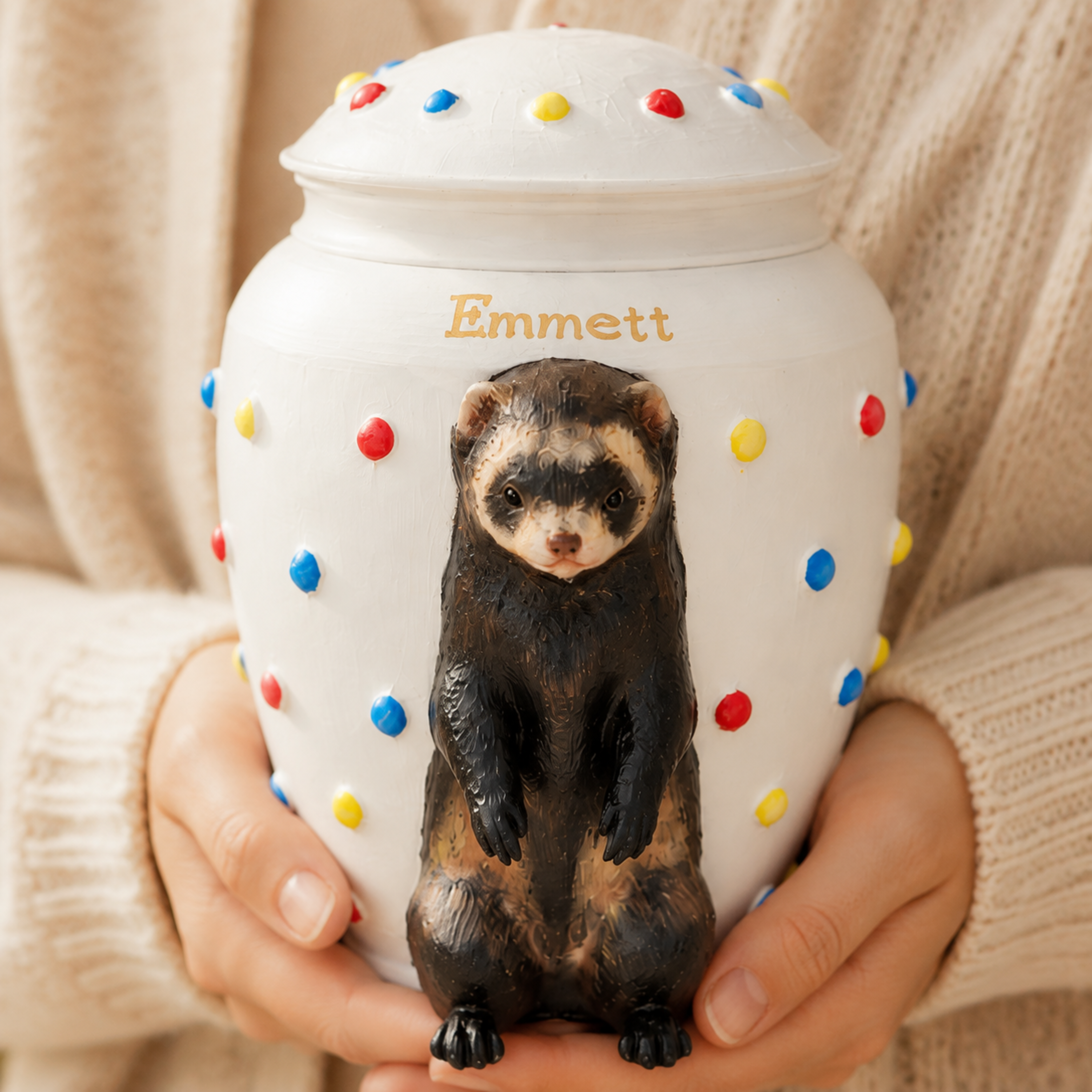 Custom Ferret Memorial Urn With Ferret Sculpture, Personalized Pet Ashes Urn, Custom Pet Loss Keepsake
