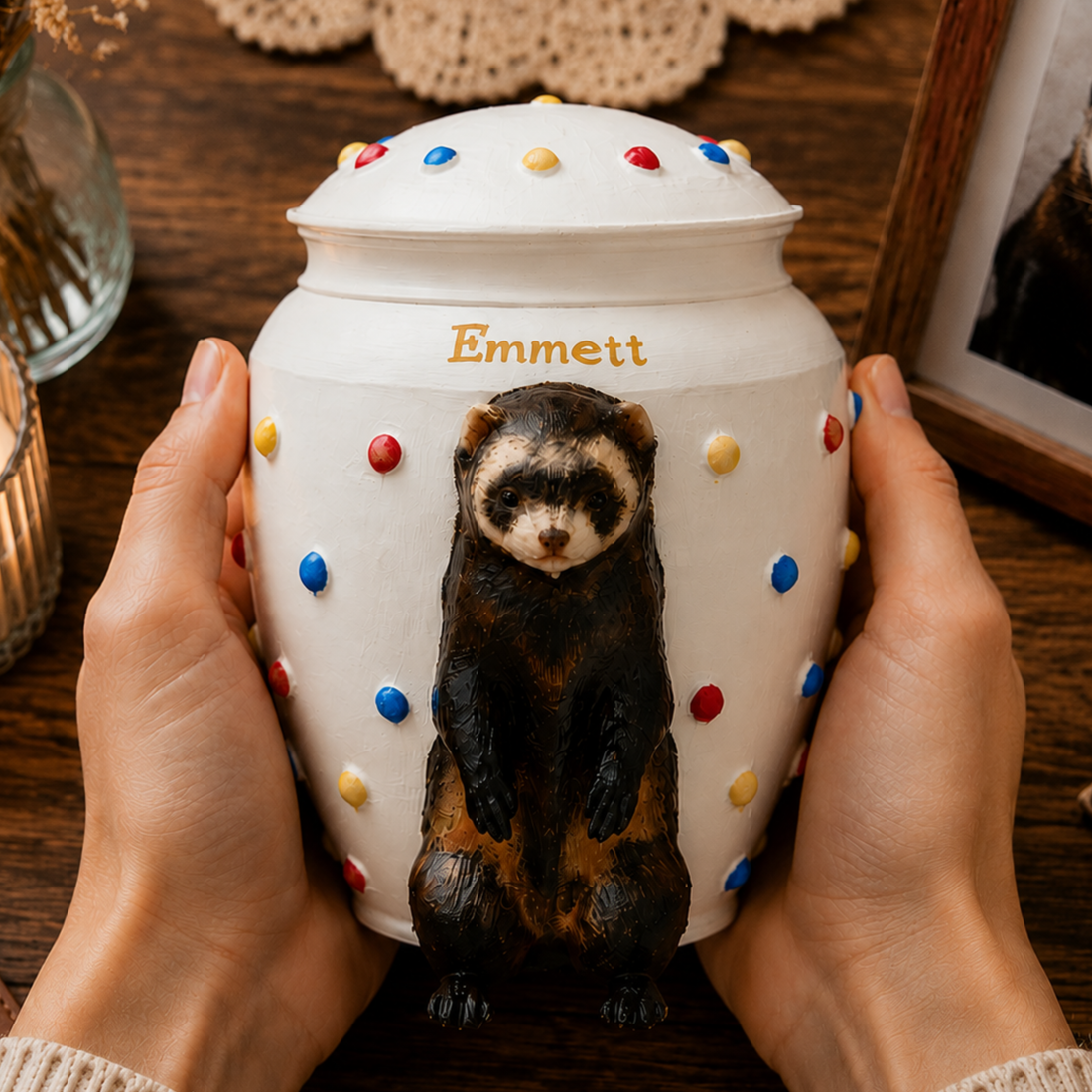 Custom Ferret Memorial Urn With Ferret Sculpture, Personalized Pet Ashes Urn, Custom Pet Loss Keepsake