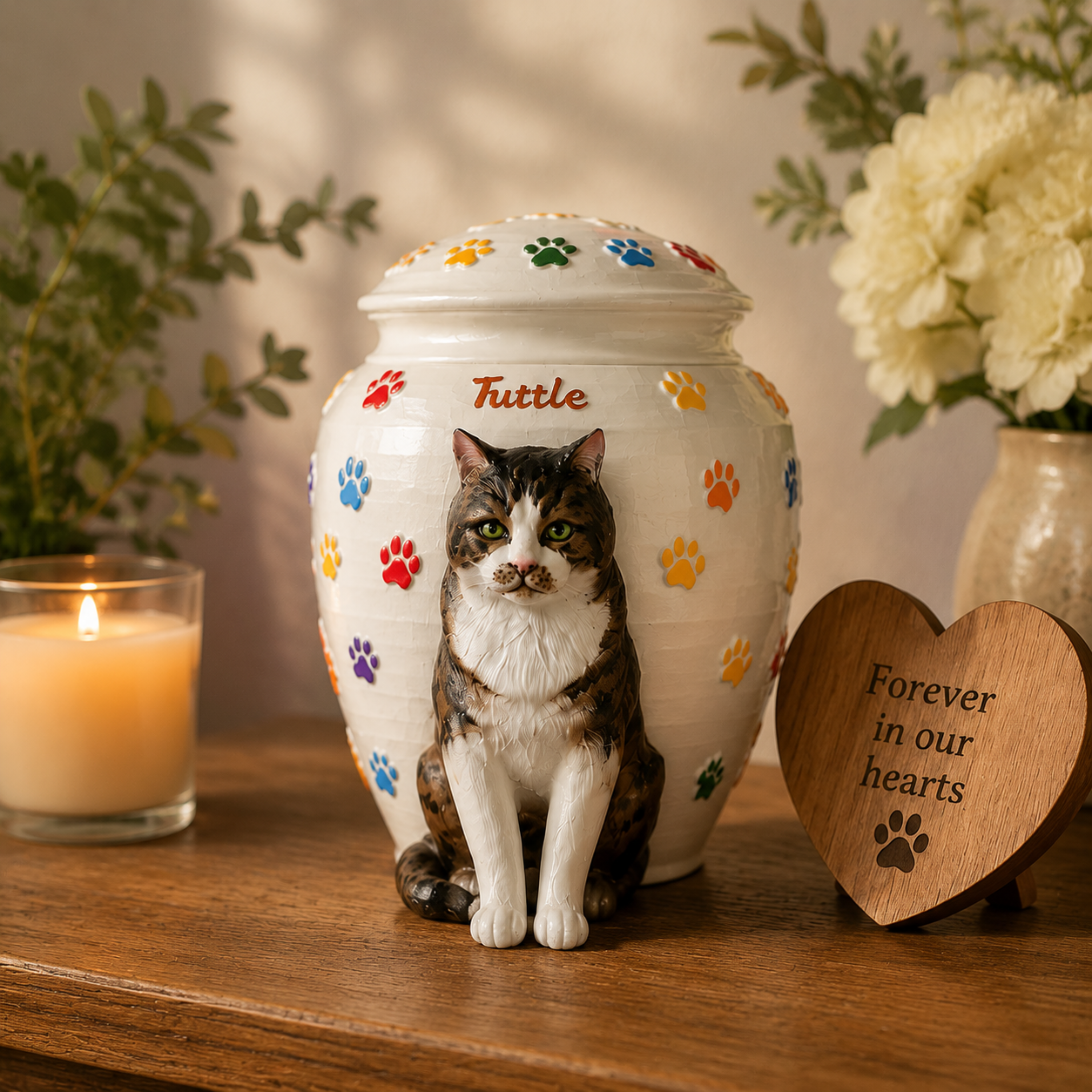 Custom Cat Urn With Cat Figurine and Colorful Paw Prints – Personalized Pet Memorial Urn for Cat Ashes