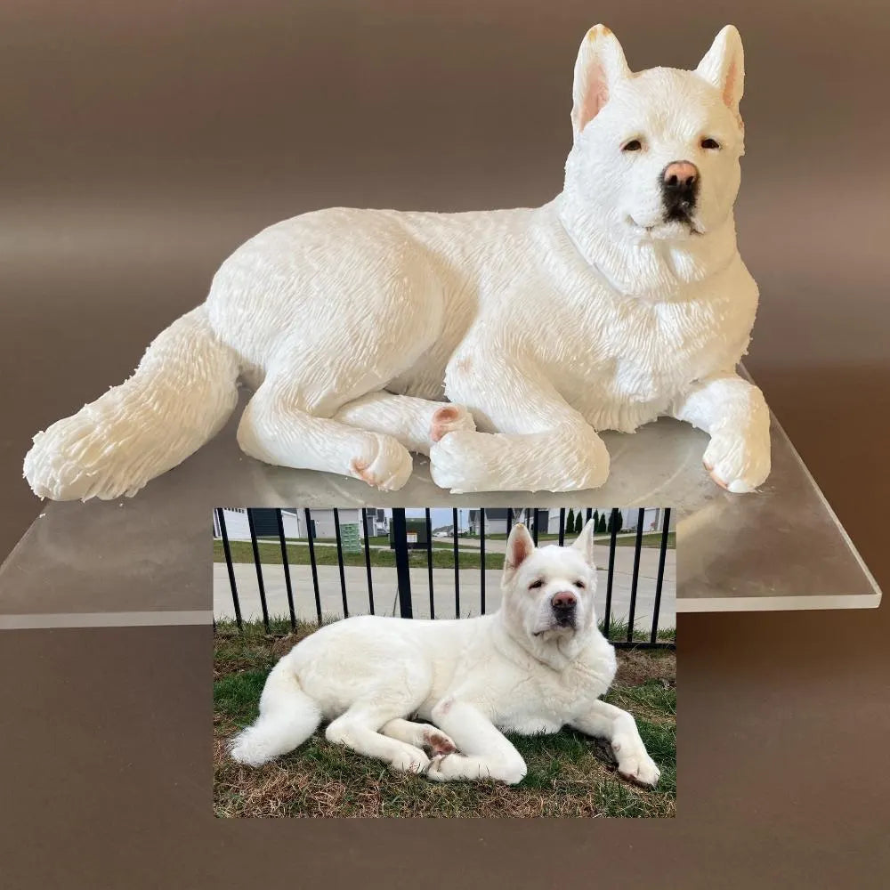 Custom White Dog Figurine From Photo-Personalized Dog Memorial Statue-Pet Loss Keepsake-Lying Dog Sculpture On Display Base